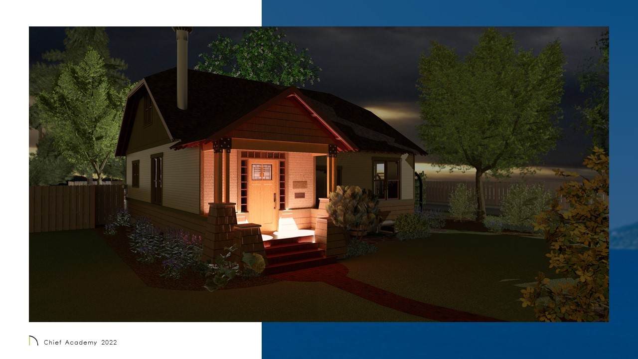 exterior rendering of a bungalow at night, dialog box with settings is overlaid