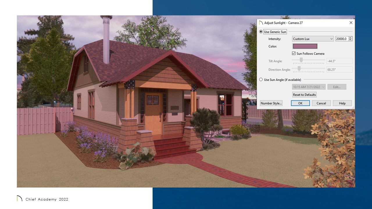 exterior rendering of a bungalow with dusk backdrop and pink overtones, dialog box with settings is overlaid
