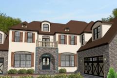 French Country style exterior with a brick exterior and segmental dormers.