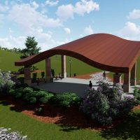 Curved roof covered pavilion for public shelter.