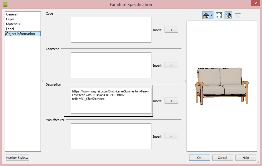 Chief Architect Furniture Specification Dialog