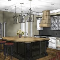 Custom kitchen interior rendering with a large center island and hardwood floors.