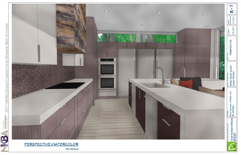 Watercolor illustration of kitchen by Elma Gardner links to full PDF of design.