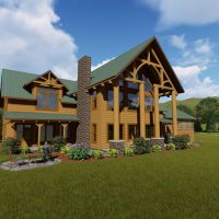 Timber frame home with exposed beams and exterior details.
