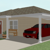 Small living unit with a covered patio and decorative landscaping.