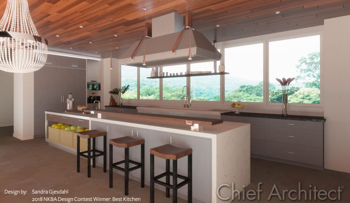 This large kitchen is airy and open, galley style with a long island, warm wood ceiling, and impressive industrial hood.