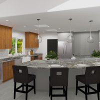 Open kitchen design with vaulted ceiling and large custom island.