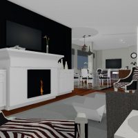 Functional living room design with large marble fireplace and hardwood floors.