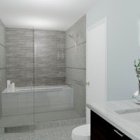 Master bathroom design with walk-in glass shower.