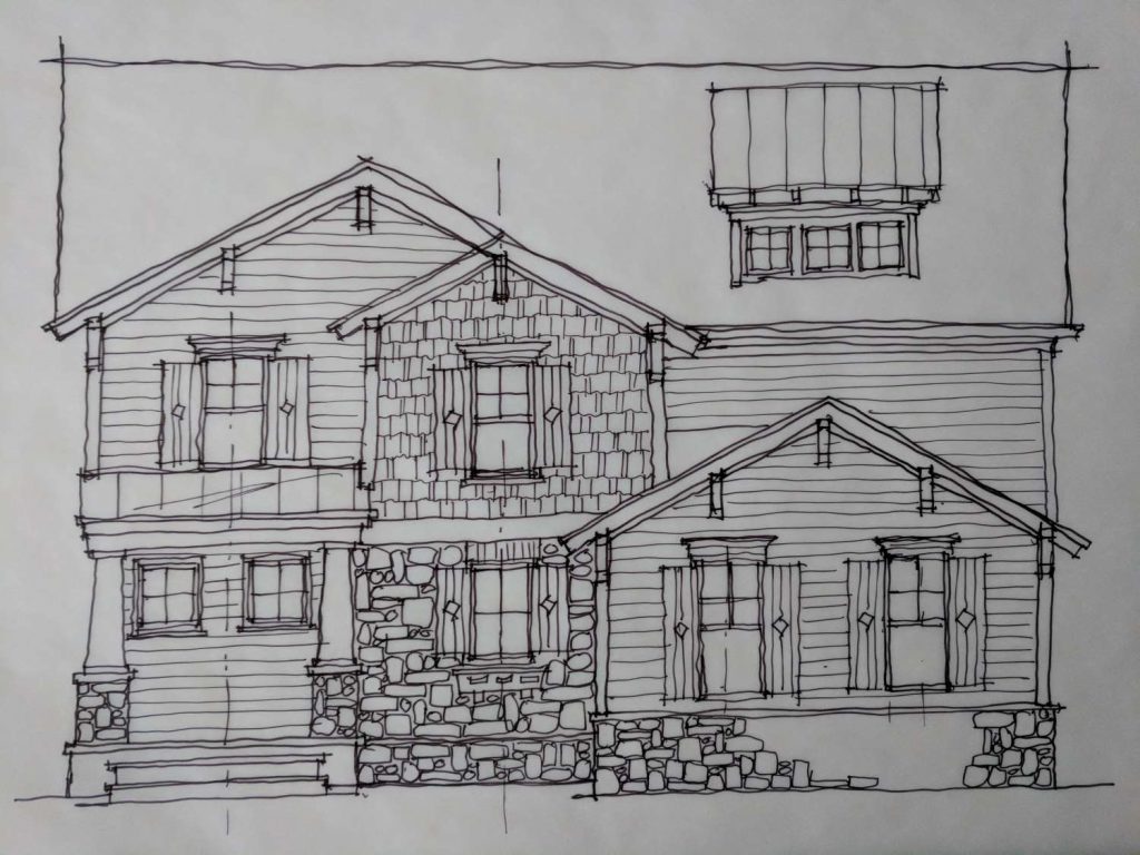 Robert Padgett's hand drawn elevation view of a home design.