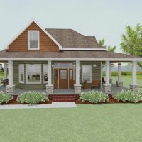 Cottage-style home with wrap-around porch and large bay window.