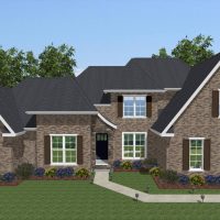 Traditional home design with brick siding and rustic elements.