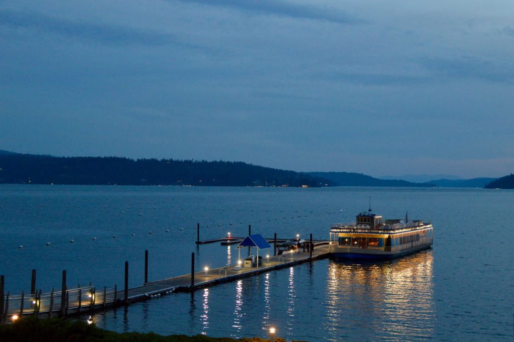 Night scene of the Lake Coeur d'Alene cruise boat during the Chief Architect training event.