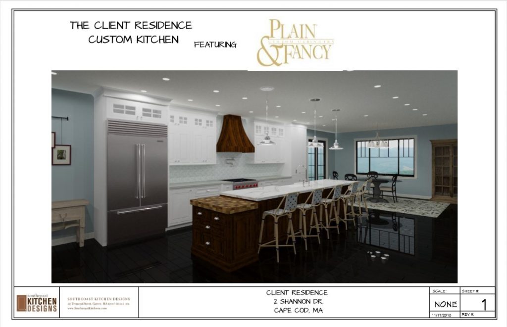 Layout page including a rendering of an open kitchen with an eat at island, white cabinets and hardwood floors.