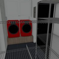 Laundry room with a red front load washer and dryer and metal storage racks