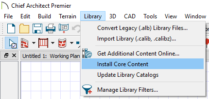 Menu system within Chief Architect software showing where to access and install the core content.