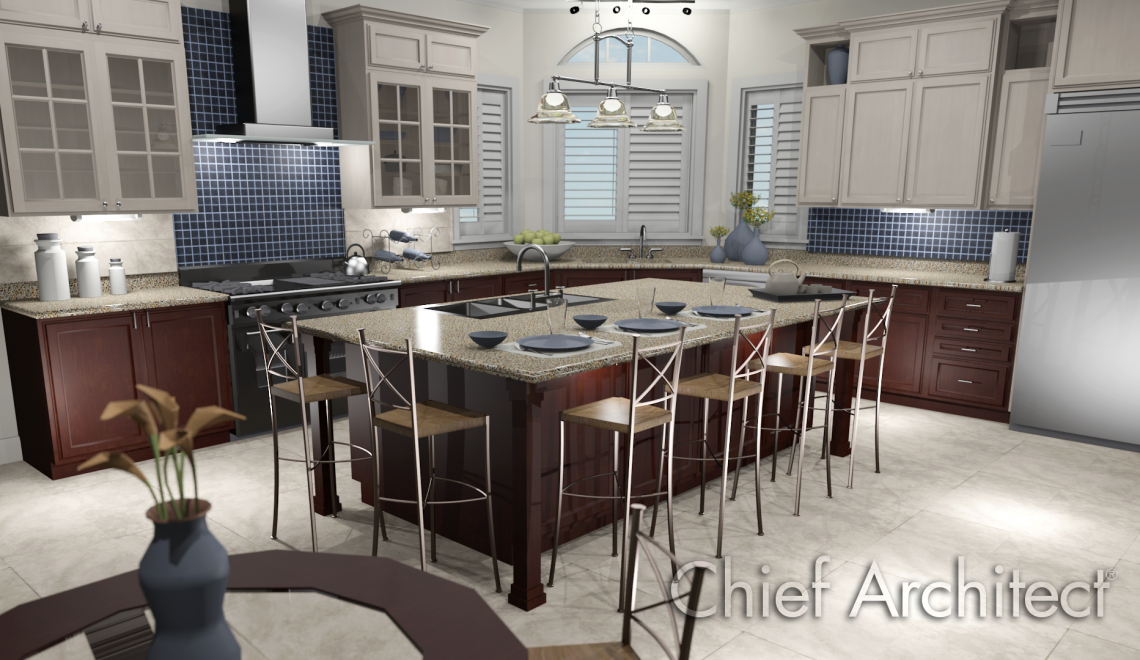 Open-concept kitchen rendering with blue tile backsplash and a large, oak island.