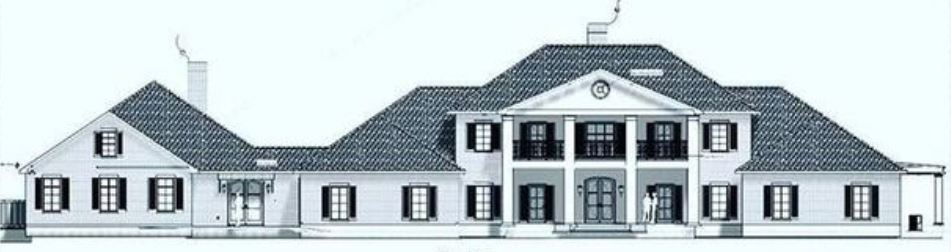 Elevation view of a Colonial Design with four pillars, second floor covered porch and blue shutters