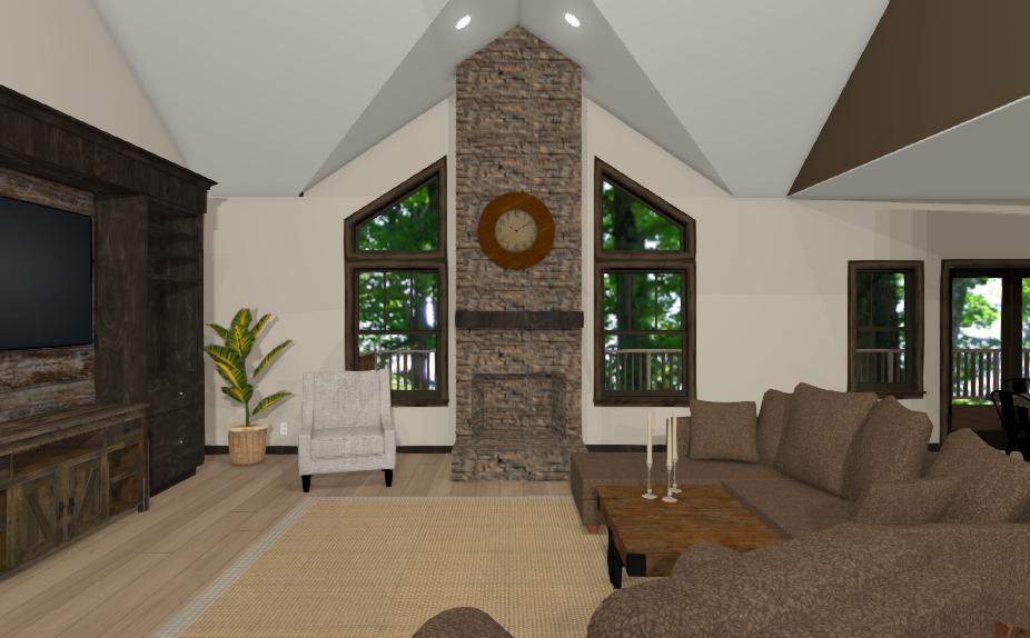 Wenzel project family room featuring a large stone fireplace and vaulted ceilings.
