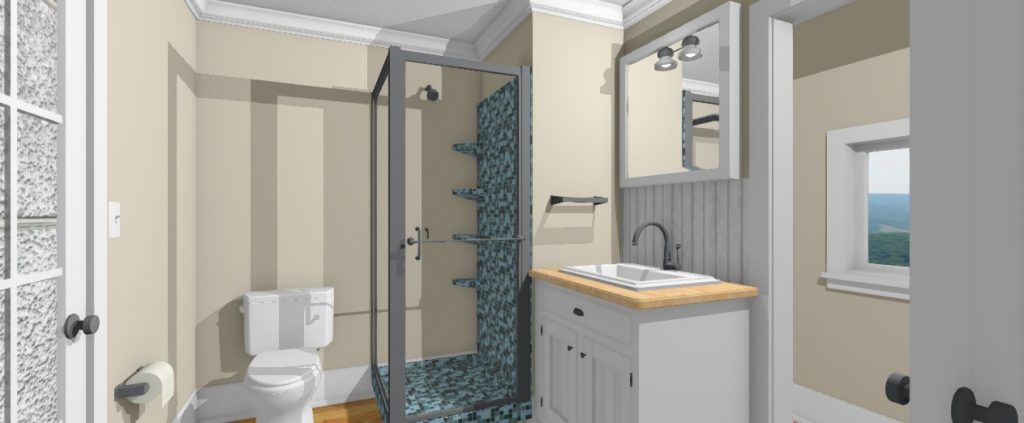 Small bathroom design with glass shower, vanity and toilet.
