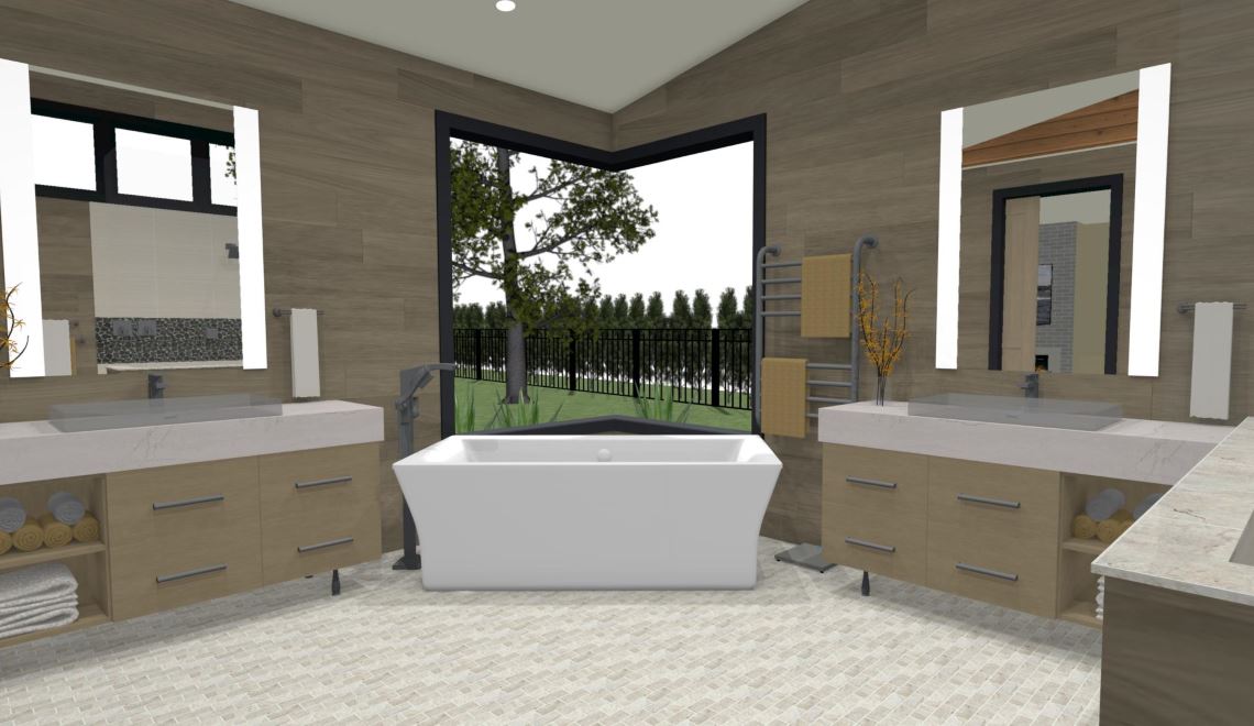 Modern master bathroom with dual vanities, a soaking tub and spa like feel.