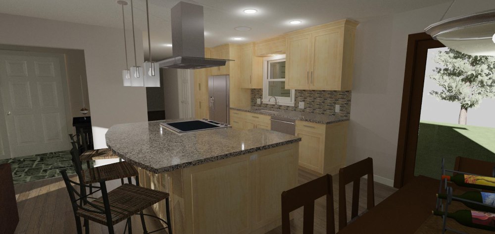 Open kitchen design with large eat at island that includes a range and stainless steel hood.