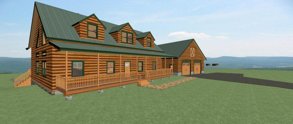 Front view rendering of log home with a covered porch and attached garage.