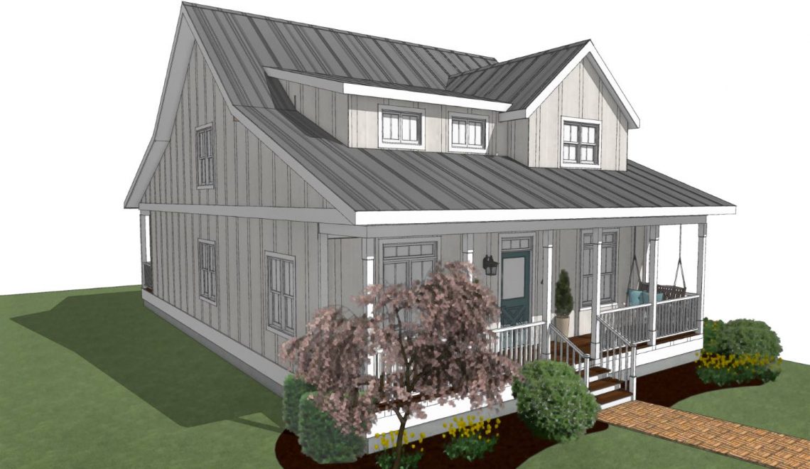 Farmhouse with front porch, dormers, and gullwing roof.