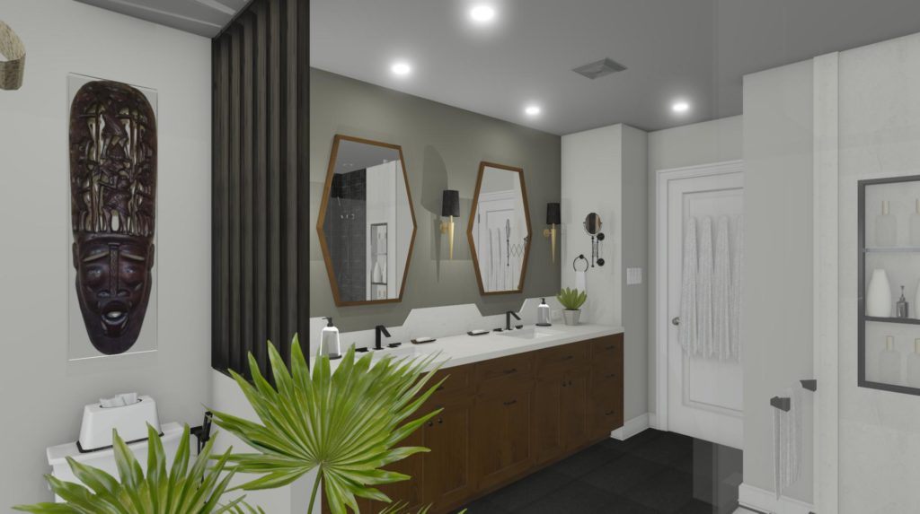 A bathroom design that incorporates clean lines, uncluttered counter spaces and geometric shapes with African inspired artwork.