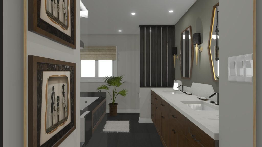 A bathroom design that incorporates clean lines, uncluttered counter spaces and geometric shapes with African inspired artwork.