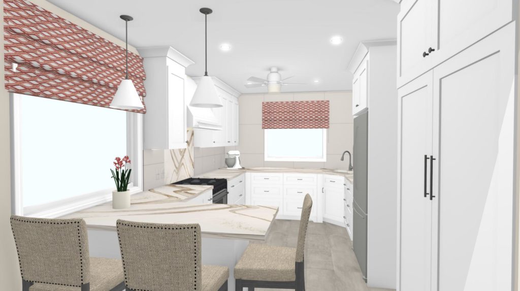 A welcoming kitchen that mixes rich fabrics with clean white cabinetry and sleek counter tops.