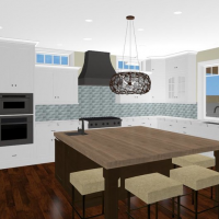 Kitchen design with white cabinets and a butcher block island.