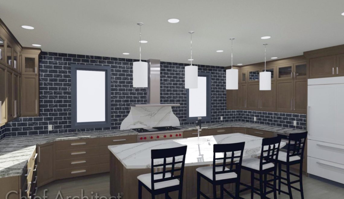 Galley kitchen with custom backsplash and pendant lights