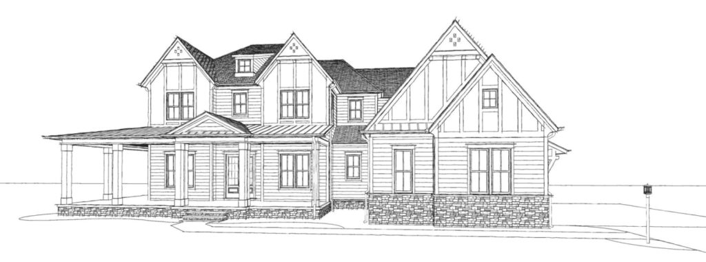 Farmhouse style line drawing with brick veneer and wraparound porch.