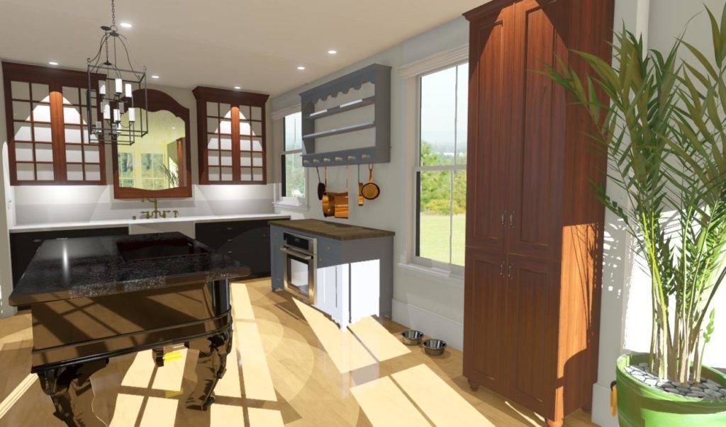 Historic kitchen with vintage wood cabinets and black, marble island