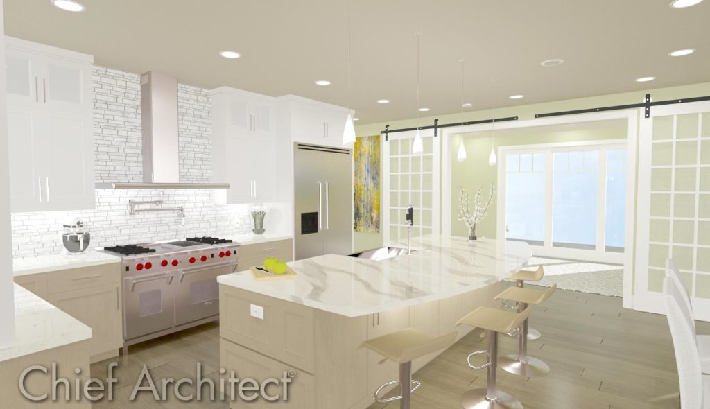 Kitchen with white cabinetry and barn door entrance to dining space