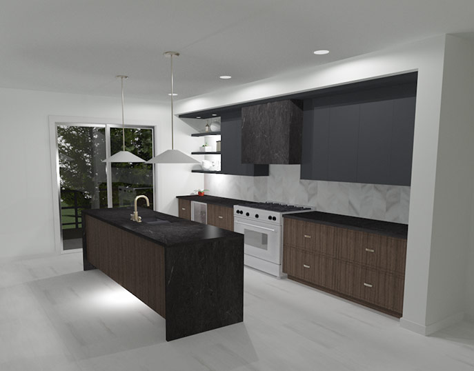 A 3D conceptual rendering capturing some of the latest trends as seen at KBIS 2020 including dark colors mixed with wood, champagne hardware, and marble flooring and backsplash.