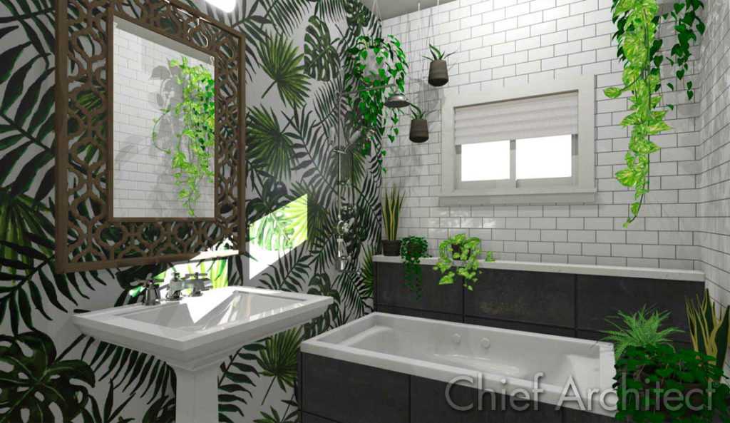 Trendy bathroom with large leaf patterned walls, slate bathtub surround, white subway tile, a pedestal sink and plenty of house plants to add life to the space.