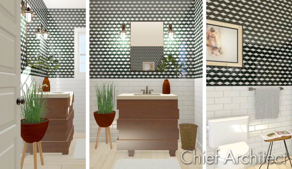 A unique bathroom where plants bring life to the space. It is accented with trends like terracotta, textured walls, mixed metals, natural wood vanity, and wicker elements. This interior designed and rendered in Chief Architect.