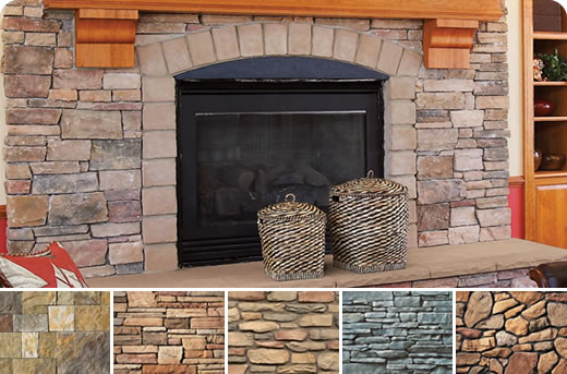 Stone fireplace featuring alternative stone swatches. 