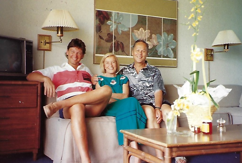 John Rattenbury with his wife Kay and Mike Rust in 1990 in Hawaii while working on the Waikapu Valley Country Club clubhouse.