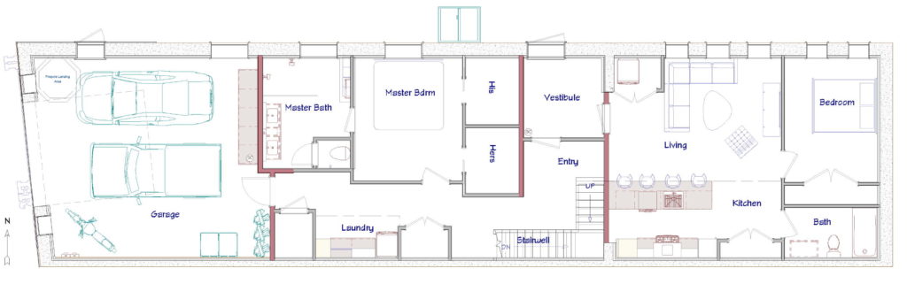 First floor layout of a remodeled firehouse turned personal residence.