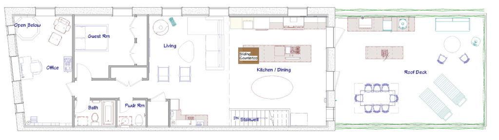 Second floor layout of a remodeled firehouse turned personal residence. 