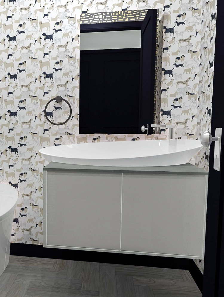 Powder room with dog wall paper and stone bowl sink. 