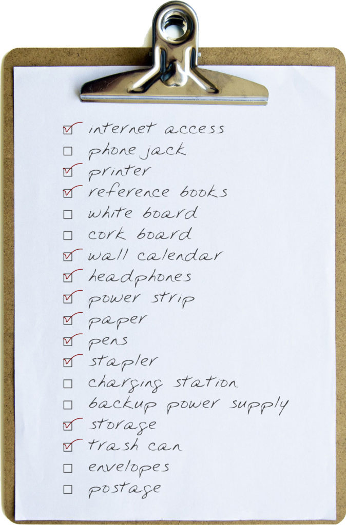 List of essential items for a home office.