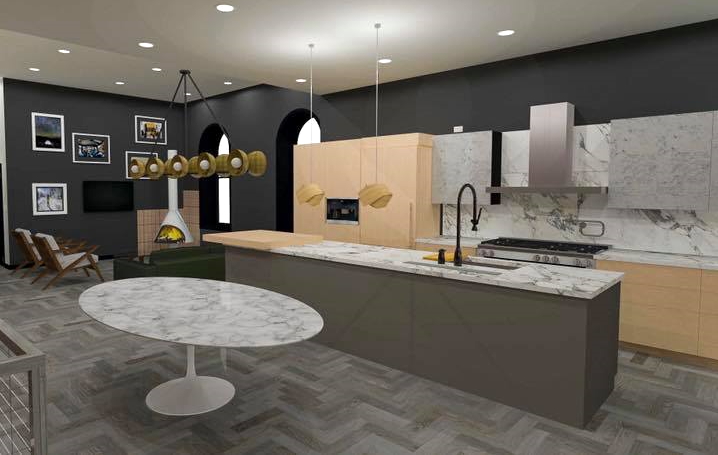 Rendering of a modern kitchen with stainless steel appliances, marble and black accents with natural wood cabinets.