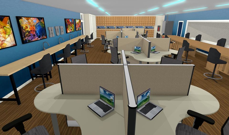 Rendering of a classroom featuring multiple work stations. 