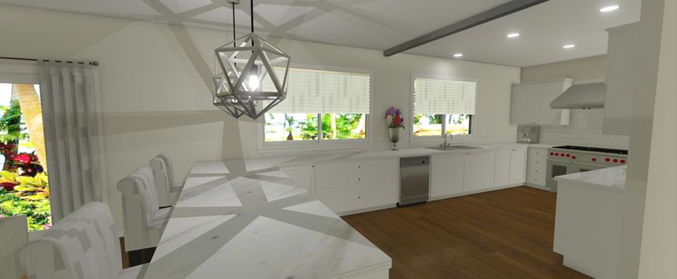 Large, open kitchen space with white cabinets and custom pendants. 