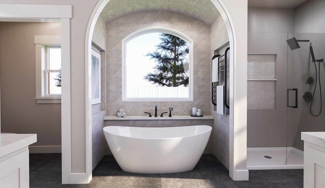Timeless bathroom with a captivating Roman arch and marbled mosaics.