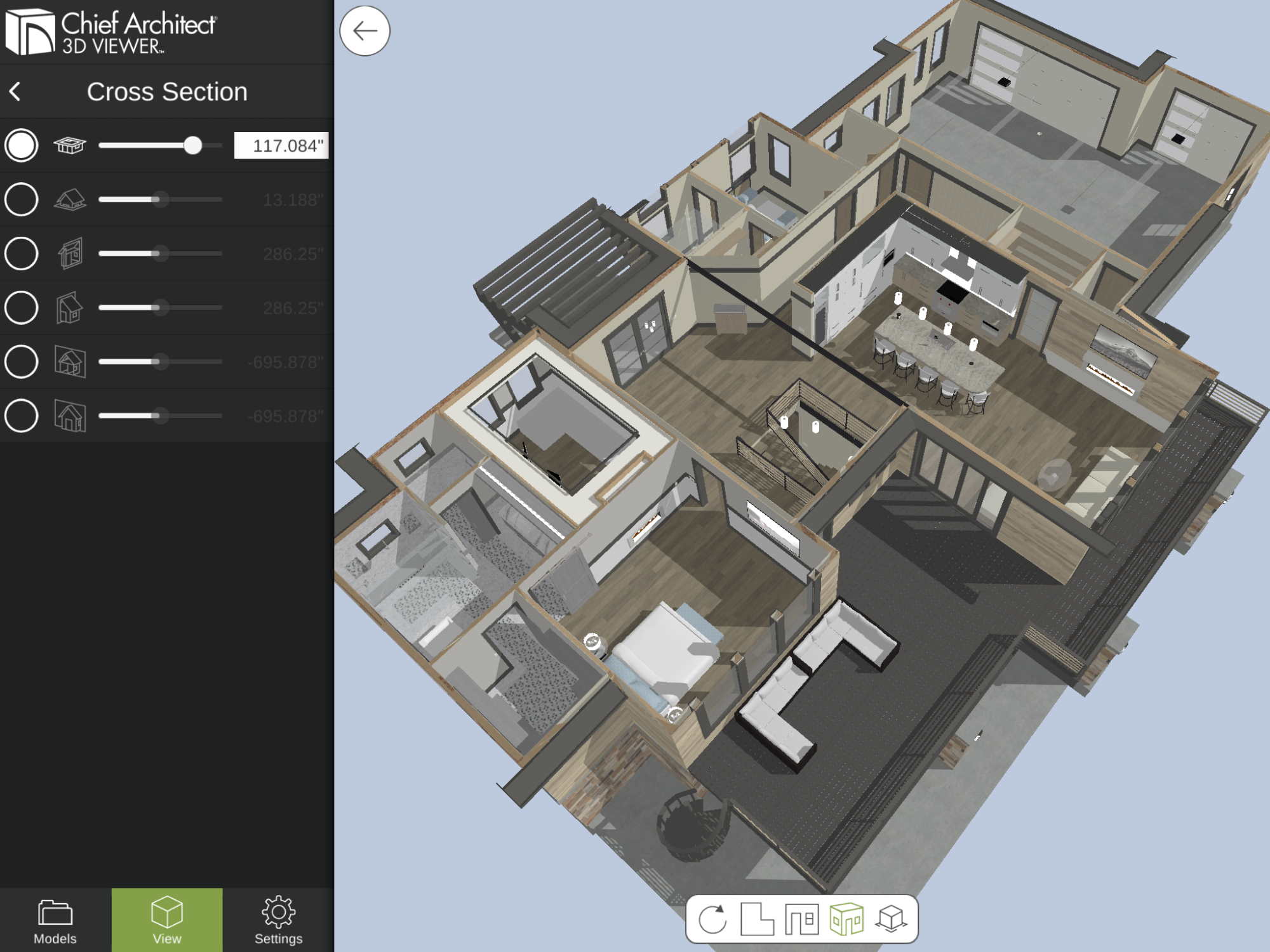 Overhead floor plan view in 3D Viewer application shows model at various heights.